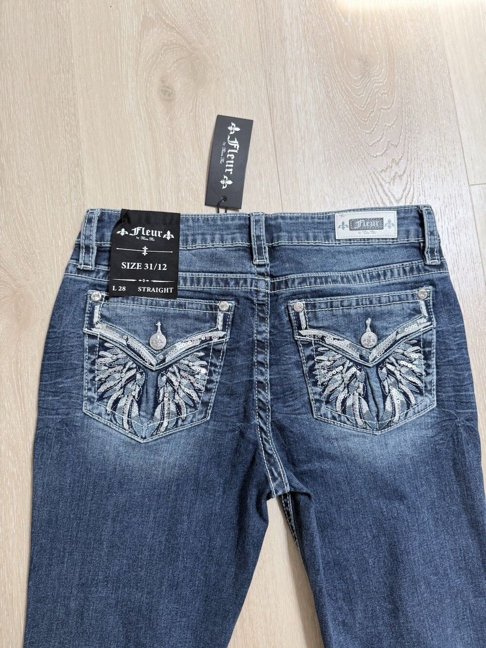 NWT Fleur by Miss Me Angel Wing Jeans Sz 12 31x28 Bling Rhinestone Western Y2K